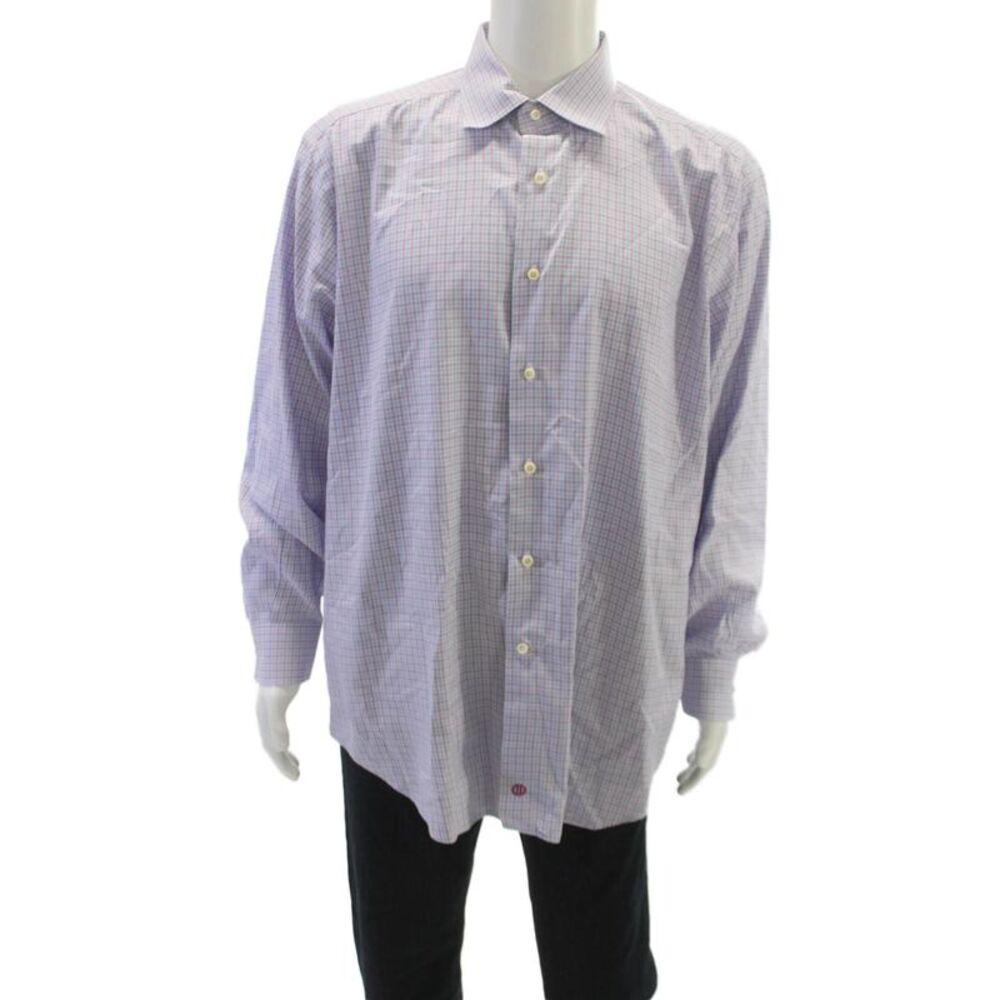 David Donahue Mens Mini Plaid Button Down Shirt Blue Size 35